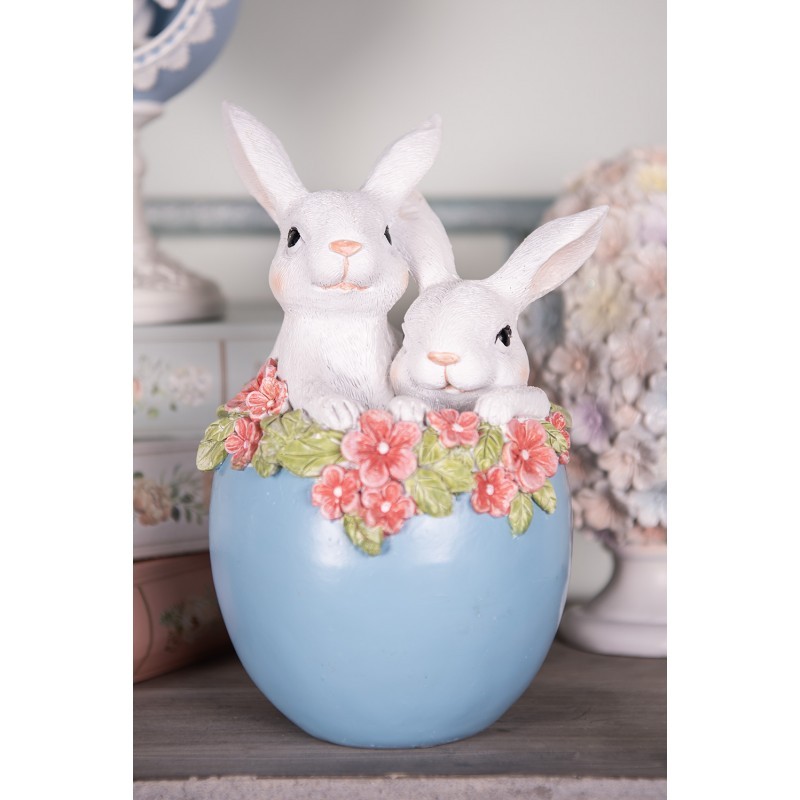 Dekorace králíci v modrém vajíčku s květy - 13*12*21 cm Clayre & Eef Dekorace králíci v modrém vajíčku s květy - 13*12*21 cm Clayre & Eef