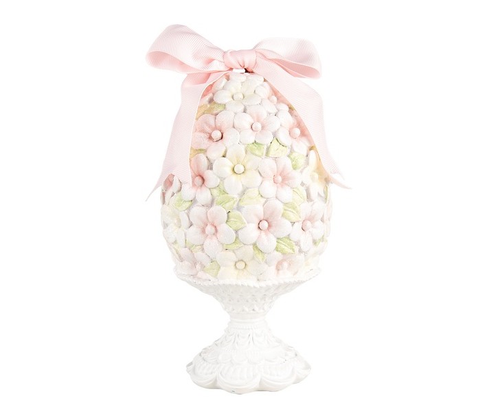 Bílo-růžová dekorace vajíčko z květů na podstavci - Ø 10*20 cm Clayre & Eef