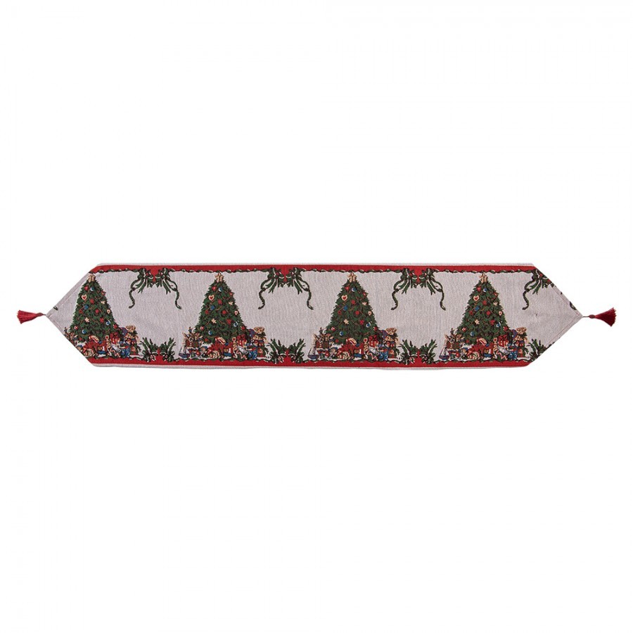 Béžový běhoun se střapcem a vánočními stromky Christmas Rustic - 33*180 cm Clayre & Eef Béžový běhoun se střapcem a vánočními stromky Christmas Rustic - 33*180 cm Clayre & Eef