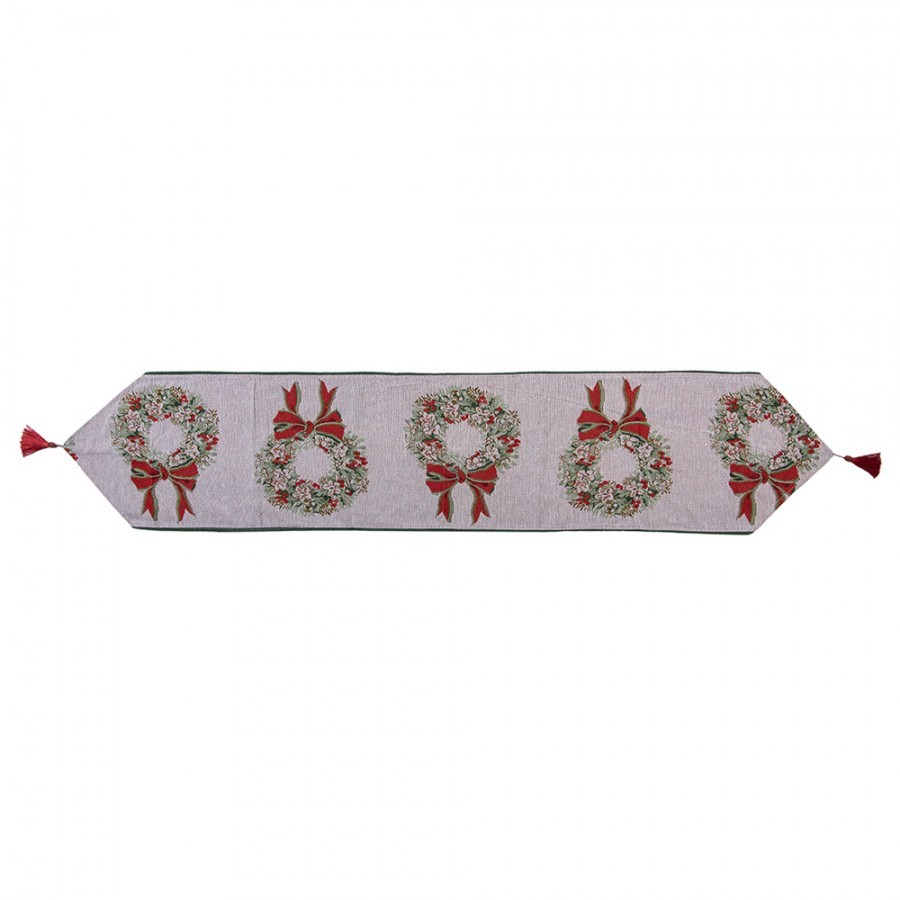 Béžový běhoun se střapcem a vánočními věnci Christmas Rustic - 33*180 cm Clayre & Eef Béžový běhoun se střapcem a vánočními věnci Christmas Rustic - 33*180 cm Clayre & Eef