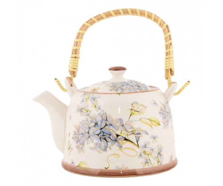 Krémová konvička s modrými květy a se sítkem - 18*14*12 cm / 800 ml Clayre & Eef