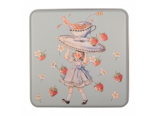 Modrá plechová krabička s dívkou a jahodami - 17*17*6 cm