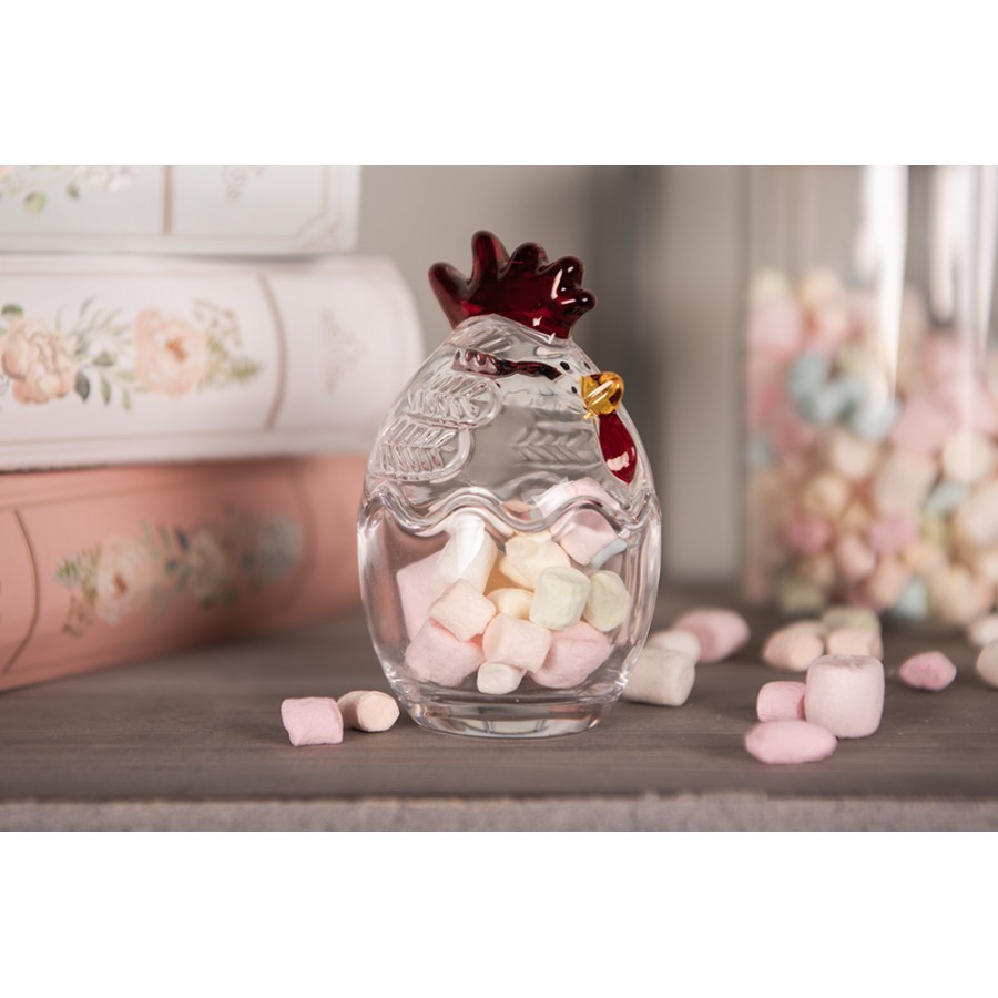 Transparentní skleněná dóza s víkem ve tvaru slepičky Chicken - ⌀ 6*9 cm Clayre & Eef Transparentní skleněná dóza s víkem ve tvaru slepičky Chicken - ⌀ 6*9 cm Clayre & Eef