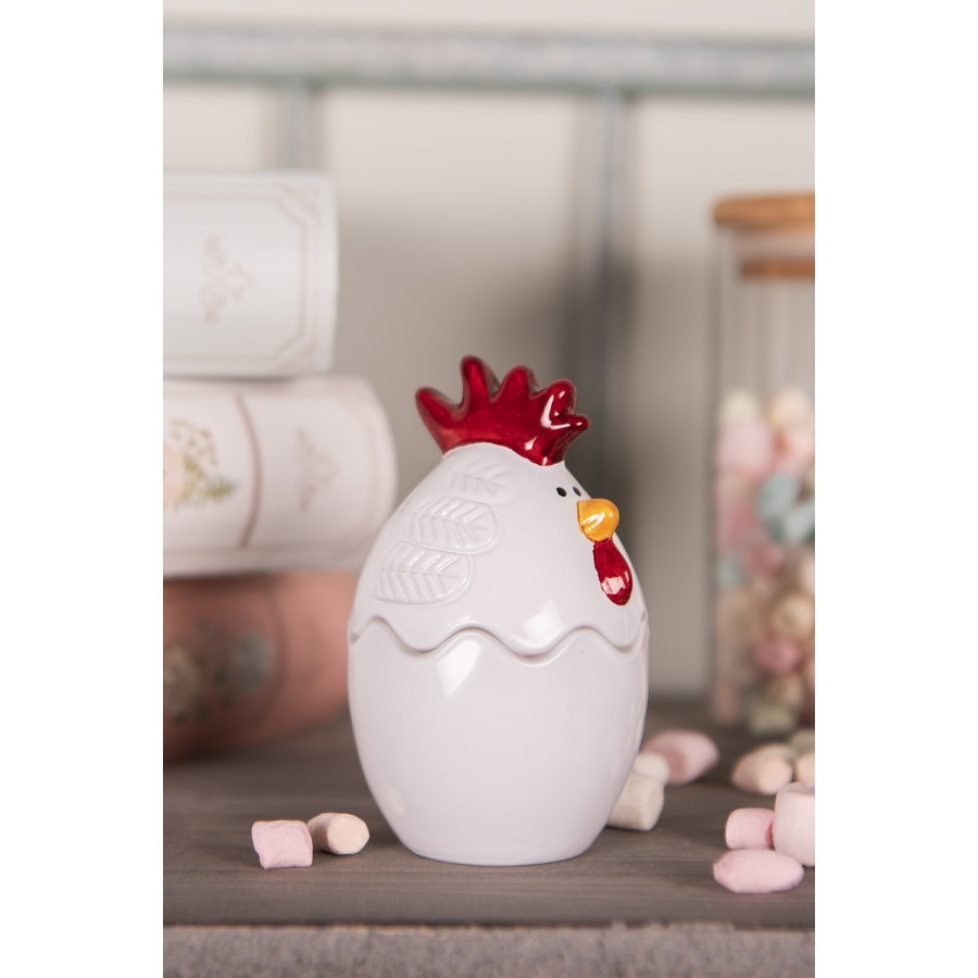 Bílá skleněná dóza s víkem ve tvaru slepičky Chicken - Ø 6*9 cm Clayre & Eef Bílá skleněná dóza s víkem ve tvaru slepičky Chicken - Ø 6*9 cm Clayre & Eef