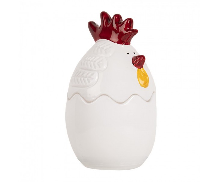 Bílá skleněná dóza s víkem ve tvaru slepičky Chicken - Ø 8*14 cm Clayre & Eef
