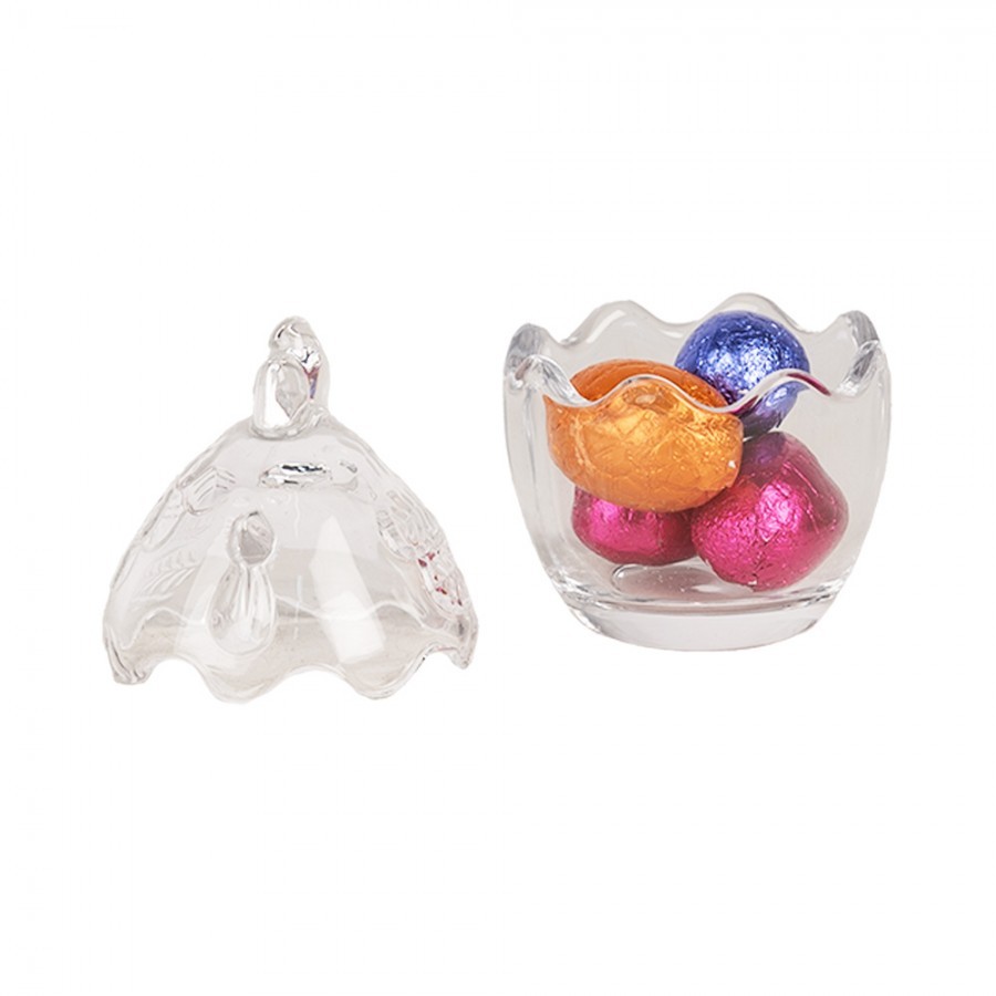 Skleněná dóza s víkem ve tvaru vejce v designu slepičky – Ø 6*9 cm Clayre & Eef Skleněná dóza s víkem ve tvaru vejce v designu slepičky – Ø 6*9 cm Clayre & Eef