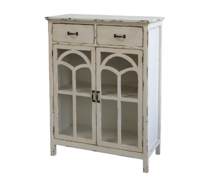 Krémová dřevěná komoda s prosklenými dvířky Old Satin- 70*32*92cm Chic Antique