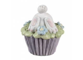 Dekorace fialový muffin s vystrčeným zadečkem králíčka - Ø 11*12 cm