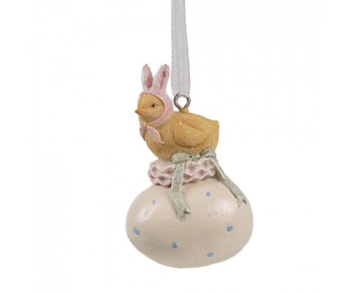 Béžová závěsná dekorace kuřátko králíček na vajíčku - 4*3*7 cm Clayre & Eef