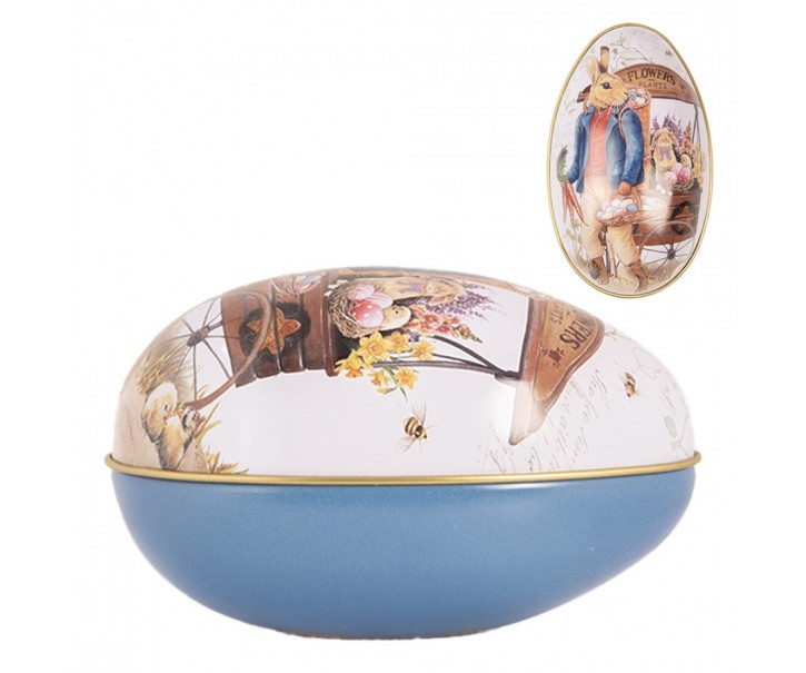 Modrá plechová dóza ve tvaru vajíčka s králíčkem Easter Egg - 7*11*7 cm Clayre & Eef