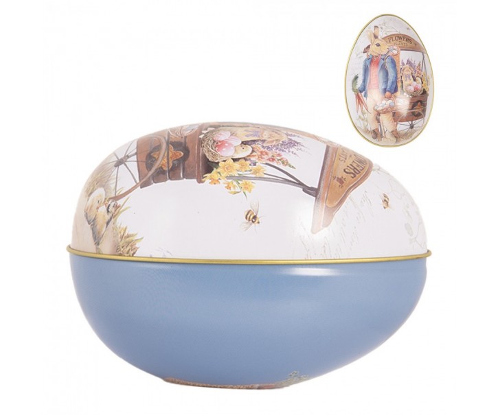 Modrá plechová dóza ve tvaru vajíčka s králíčkem Easter Egg - 8*13*8 cm Clayre & Eef