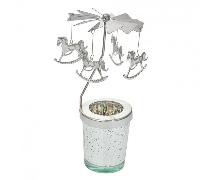Stříbrný točící svícen na čajovku s houpacími koníky Ringi - Ø 8*17 cm Clayre & Eef