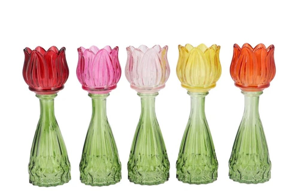 5ks barevný mix skleněný svícen/ váza tulipán Love Tulip - Ø 7*22 cm