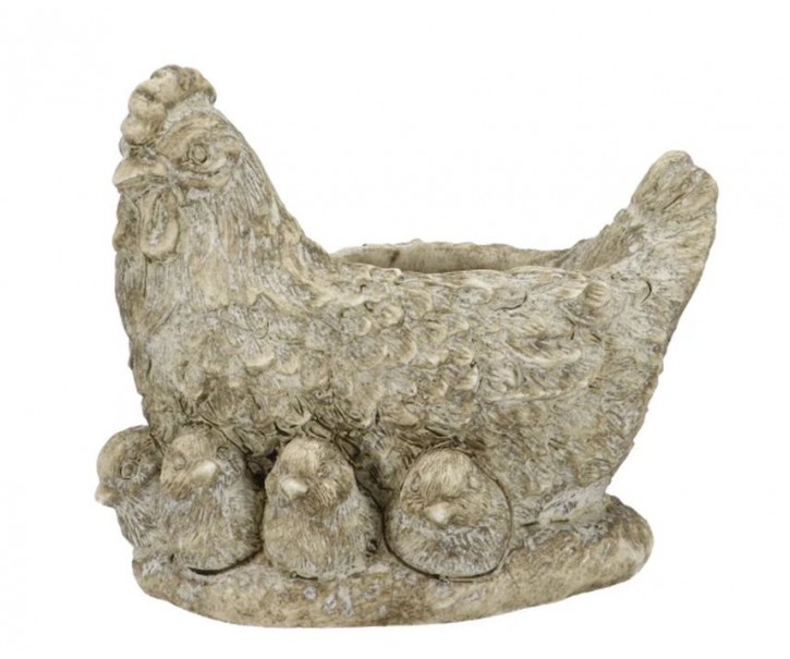 Šedý antik cementový květináč slepice s kuřátky - 21*16*19 cm daan kromhout