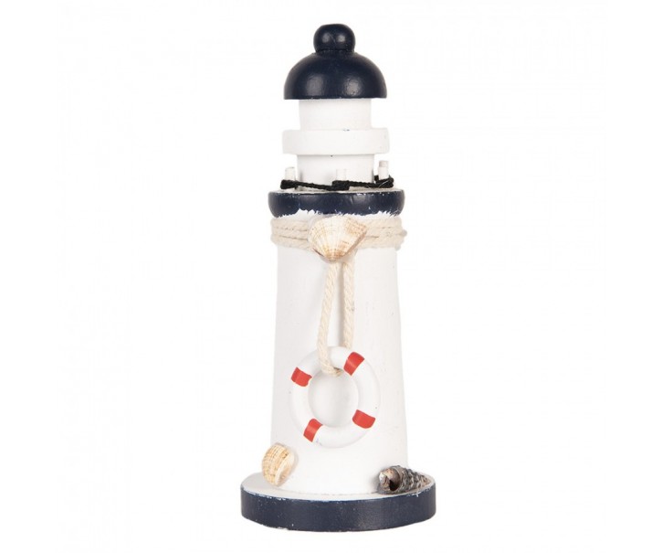 Bílo-modrá dřevěná dekorace maják Lighthouse Nautic - Ø 6*15 cm Clayre & Eef