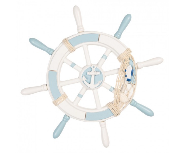 Modro-bílá dřevěná dekorace kormidlo Ship's Wheel Nautic - Ø 34*3 cm Clayre & Eef