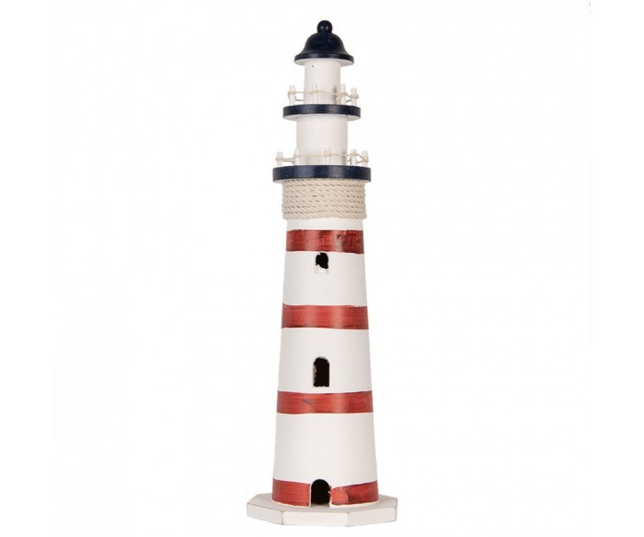 Bílo-červená dřevěná dekorace maják Lighthouse Nautic - Ø 15*48 cm Clayre & Eef