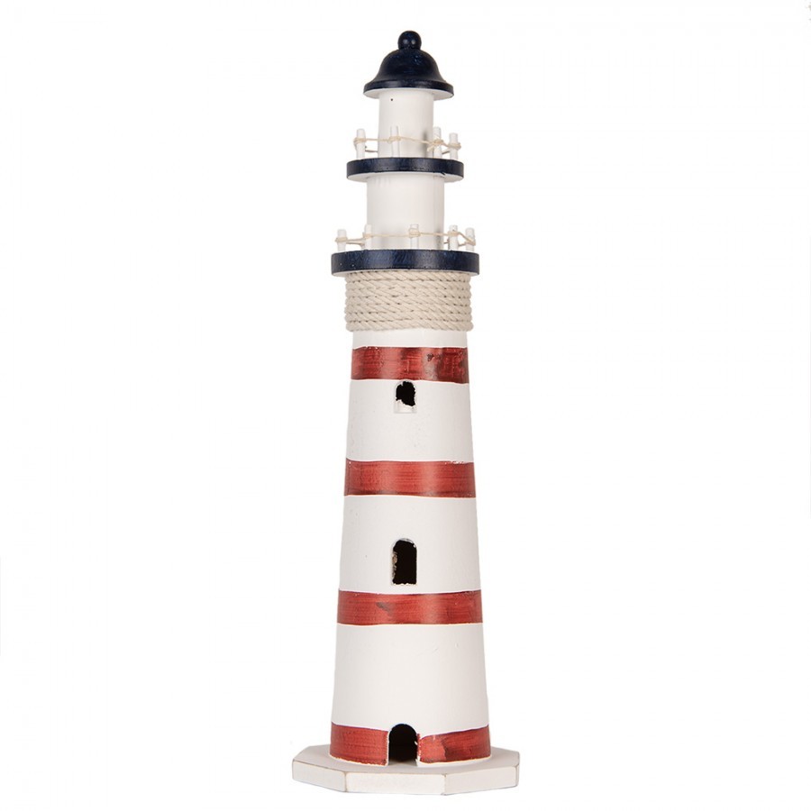Bílo-červená dřevěná dekorace maják Lighthouse Nautic - Ø 15*48 cm Clayre & Eef Bílo-červená dřevěná dekorace maják Lighthouse Nautic - Ø 15*48 cm Clayre & Eef