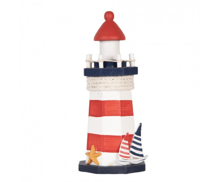 Bílo-červená dřevěná dekorace maják Lighthouse Nautic - Ø 9*19 cm Clayre & Eef