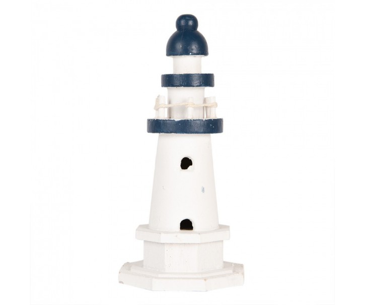 Bílo-modrá dřevěná dekorace maják Lighthouse Nautic - Ø 9*17 cm Clayre & Eef