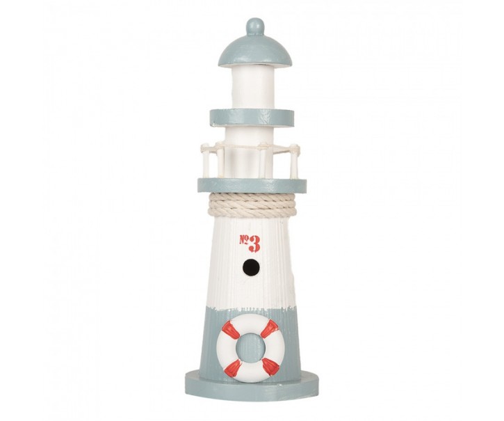 Bílo-modrá dřevěná dekorace maják Lighthouse Nautic - Ø 8*22 cm Clayre & Eef