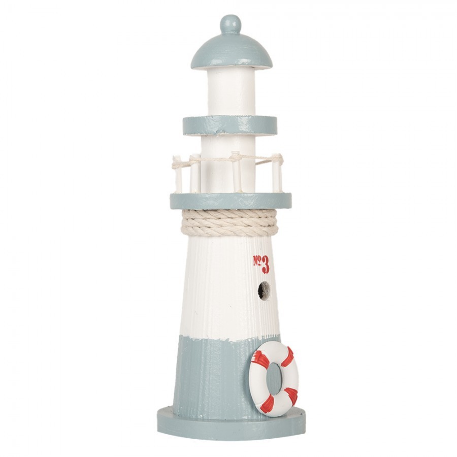 Bílo-modrá dřevěná dekorace maják Lighthouse Nautic - Ø 8*22 cm Clayre & Eef Bílo-modrá dřevěná dekorace maják Lighthouse Nautic - Ø 8*22 cm Clayre & Eef