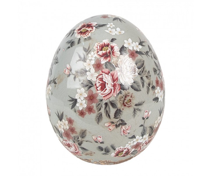 Zelená keramická dekorace vajíčko s květy Floria M - Ø 10*12 cm Clayre & Eef