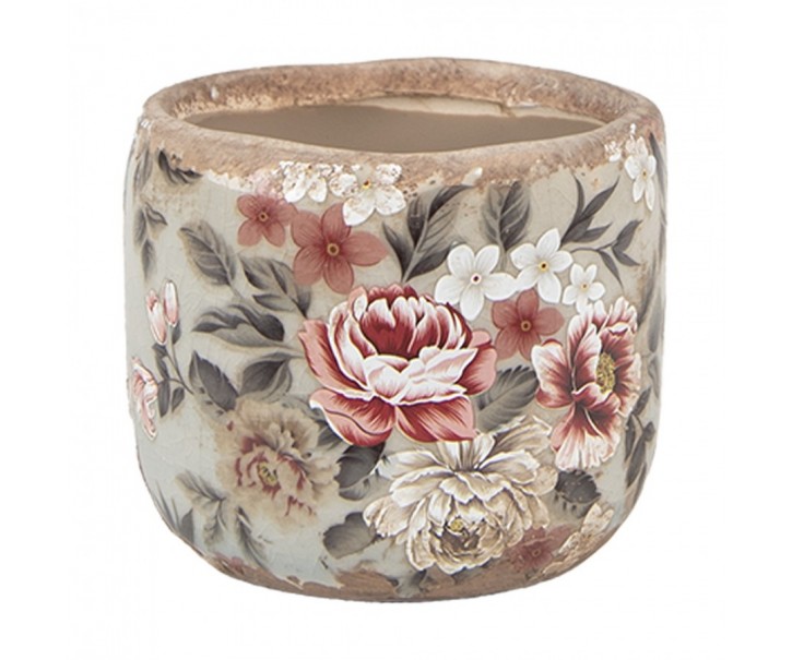 Zelený keramický dekorační květináč s květy Floria XS - Ø 8*7 cm Clayre & Eef