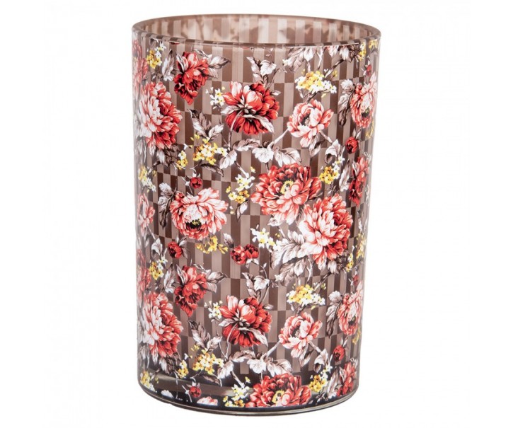 Hnědý skleněný svícen s květy - Ø 12*18 cm Clayre & Eef