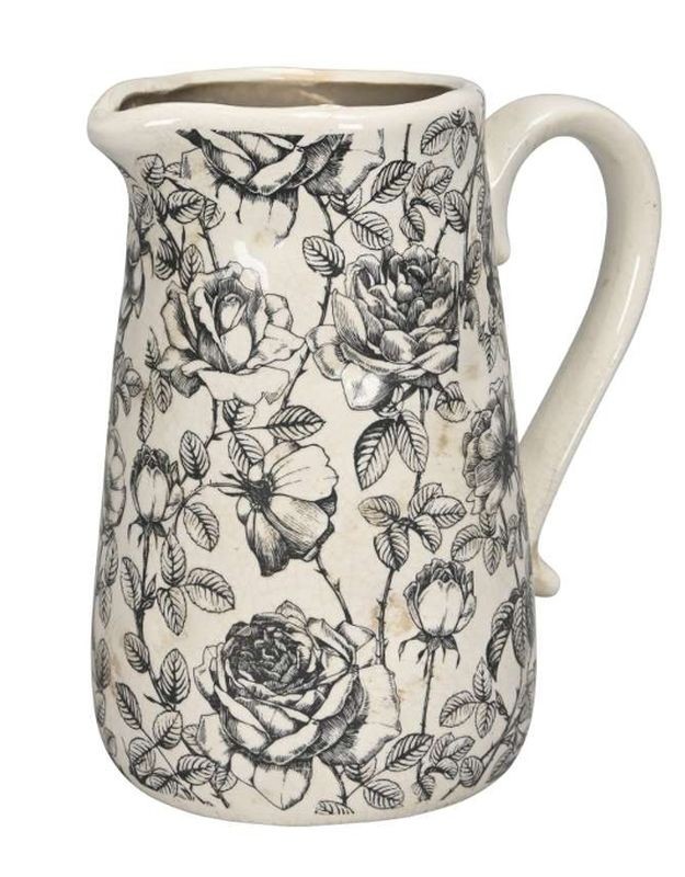 Krémový keramický džbán s černými růžemi Rossa L - 21*14*23 cm