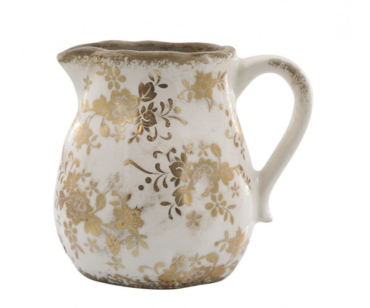 Béžový baňatý keramický džbán se zlatými květy Melun gold - 13*16 cm Chic Antique