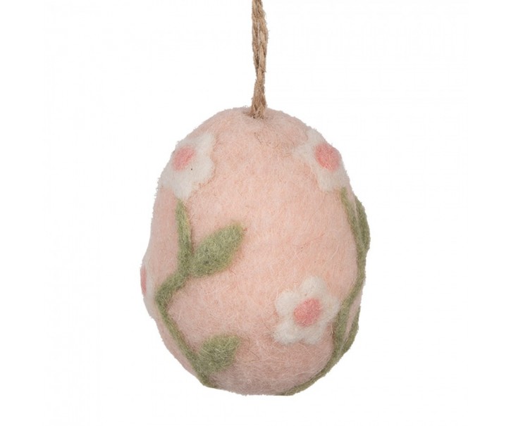 Růžové závěsné plstěné vajíčko s květy - Ø 6*8 cm Clayre & Eef