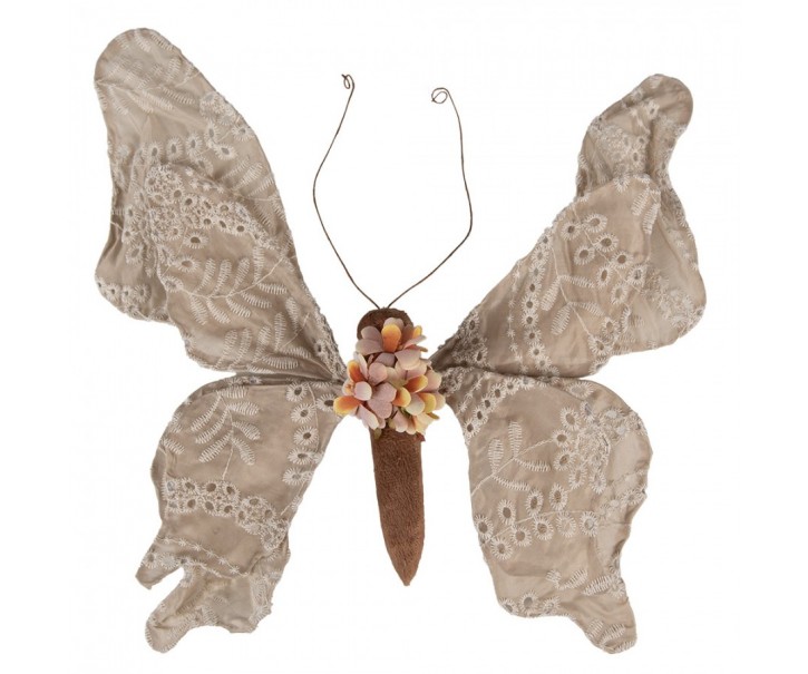 Béžová dekorace motýl na klipu zdobený výšivkou Butterfly - 33*6*31 cm Clayre & Eef