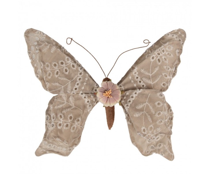 Béžová dekorace motýl na klipu zdobený výšivkou Butterfly - 28*4*22 cm Clayre & Eef
