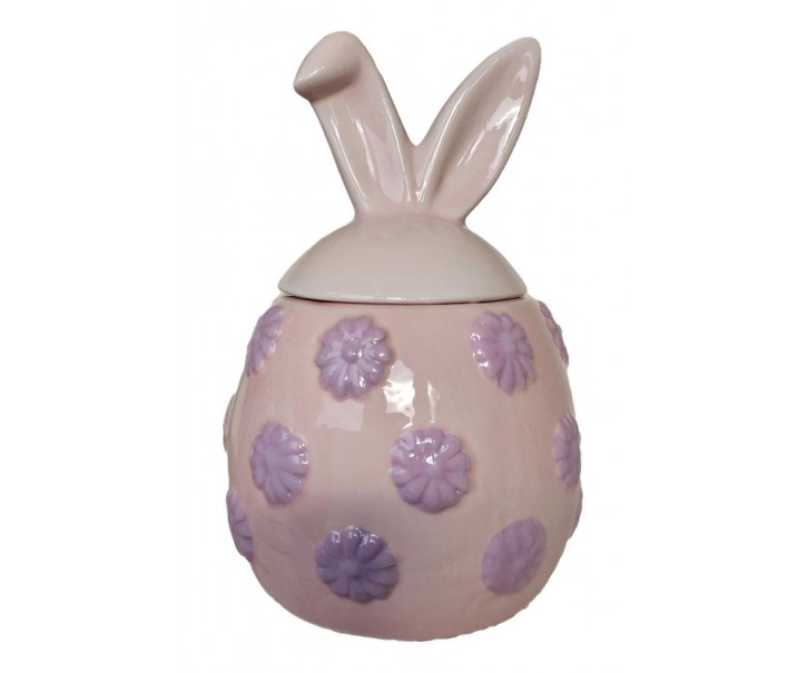 Růžová keramická dóza vajíčko s květy a oušky Rabbi - Ø 10*15 cm