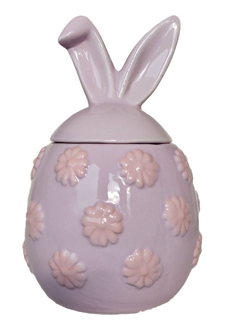 Fialová keramická dóza vajíčko s květy a oušky Rabbi - Ø 10*15 cm