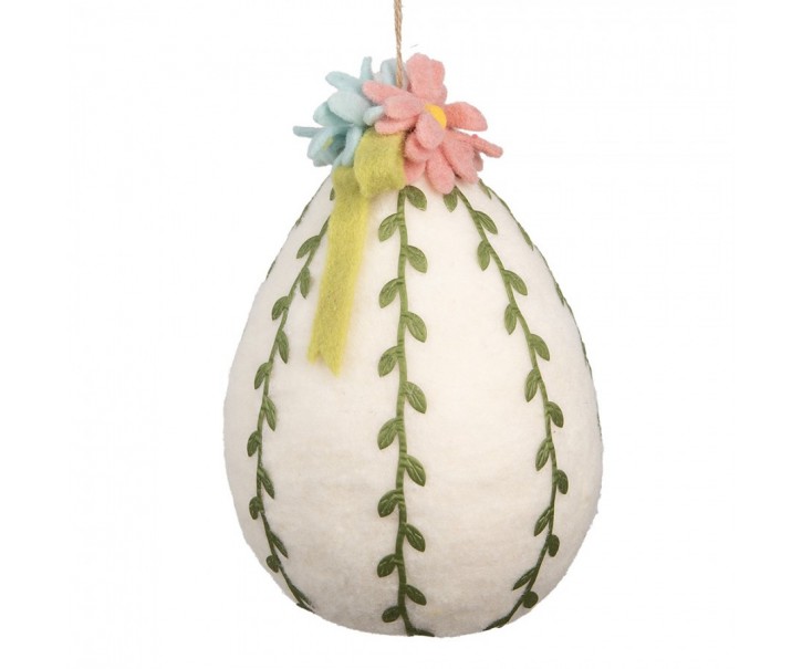 Bílá závěsná dekorace plstěné vajíčko s květy - Ø 18 * 27 cm Clayre & Eef