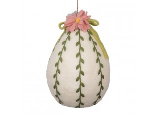 Bílá závěsná dekorace plstěné vajíčko s květy - Ø 18 * 27 cm