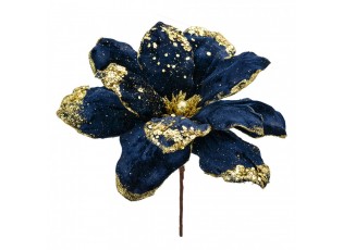 Modro-zlatá dekorace květina vánoční hvězda Poinsettia - Ø 24*27 cm