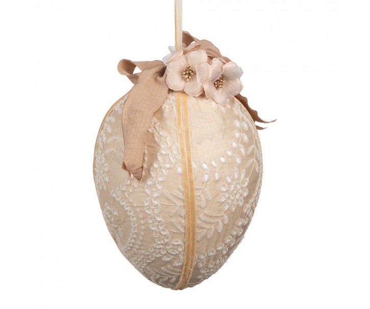 Béžové závěsné vajíčko s výšivkou a mašlí Fancy - Ø 20*28 cm Clayre & Eef