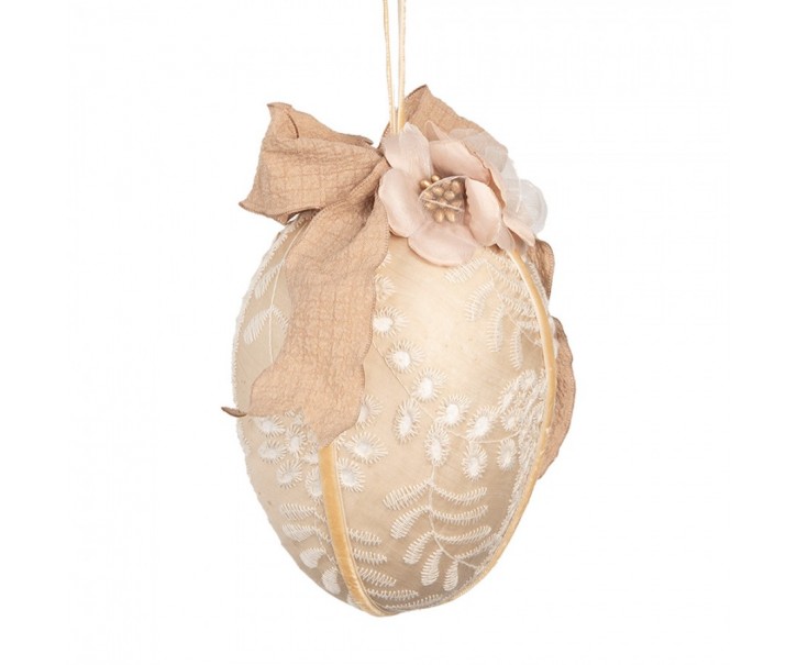 Béžové závěsné vajíčko s výšivkou a mašlí Fancy - Ø 11*17 cm Clayre & Eef