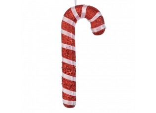 Červená třpytivá vánoční ozdoba cukrová hůlka s bílou stuhou - 8*2*17 cm