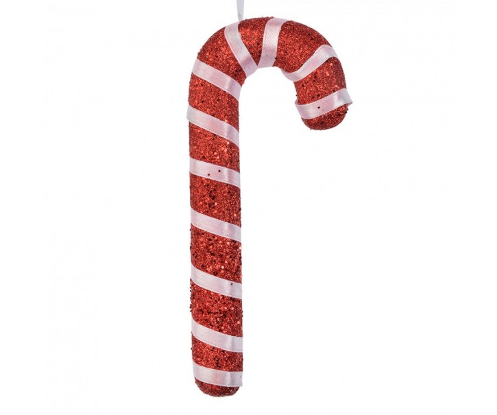 Červená třpytivá vánoční ozdoba cukrová hůlka s bílou stuhou - 8*2*17 cm Clayre & Eef