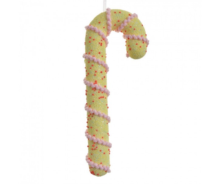 Žlutá vánoční ozdoba cukrová hůlka s růžovou šňůrkou - 10*3*26 cm Clayre & Eef