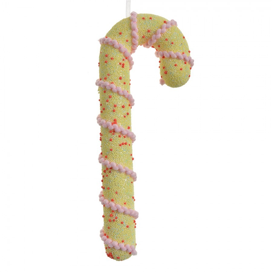 Žlutá vánoční ozdoba cukrová hůlka s růžovou šňůrkou - 10*3*26 cm