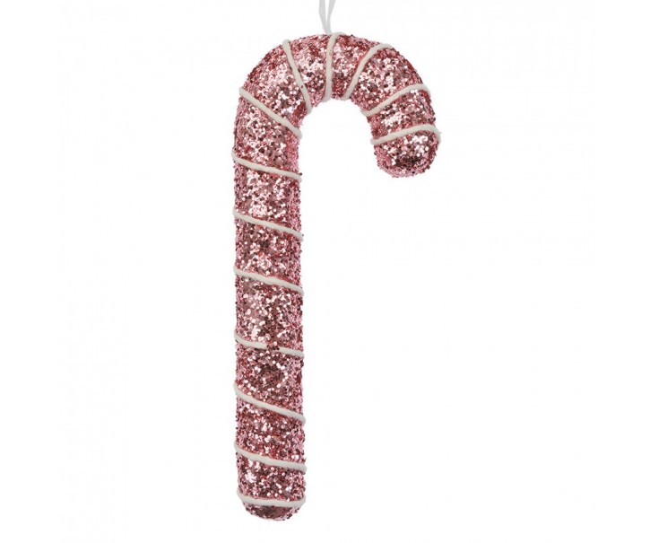 Růžová třpytivá vánoční ozdoba cukrová hůlka - 7*2*17 cm Clayre & Eef