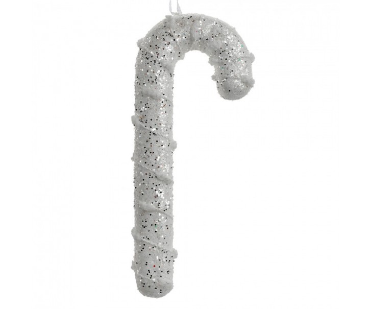 Bílo-stříbrná třpytivá vánoční ozdoba cukrová hůlka - 7*2*17 cm Clayre & Eef
