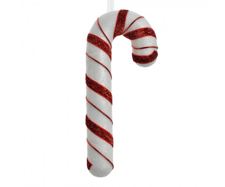 Bílo-červená vánoční ozdoba cukrová hůlka se stuhou - 8*3*20 cm Clayre & Eef
