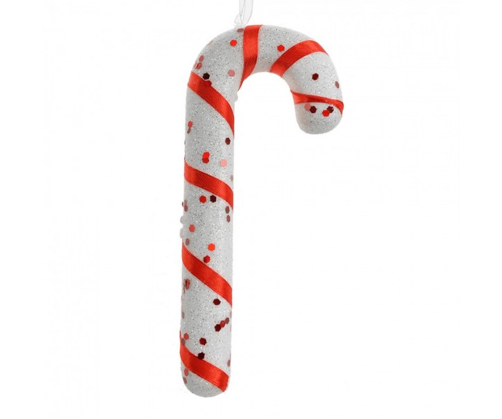Bílá třpytivá vánoční ozdoba cukrová hůlka se stuhou - 7*2*17 cm Clayre & Eef