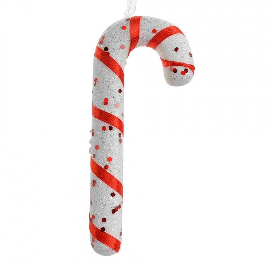 Bílá třpytivá vánoční ozdoba cukrová hůlka se stuhou - 7*2*17 cm